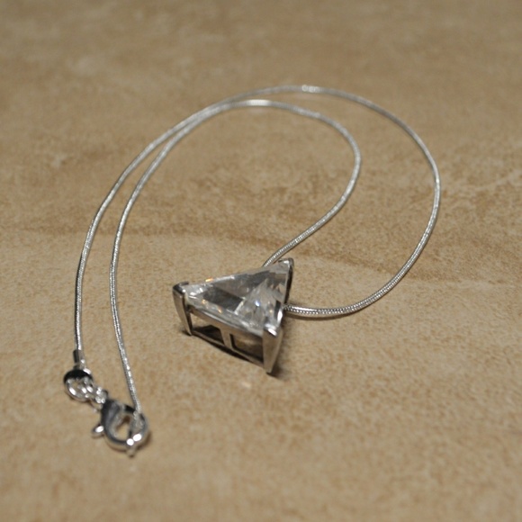 Sterling Silver Crystal Triangle Pendant Necklace - Picture 3 of 6